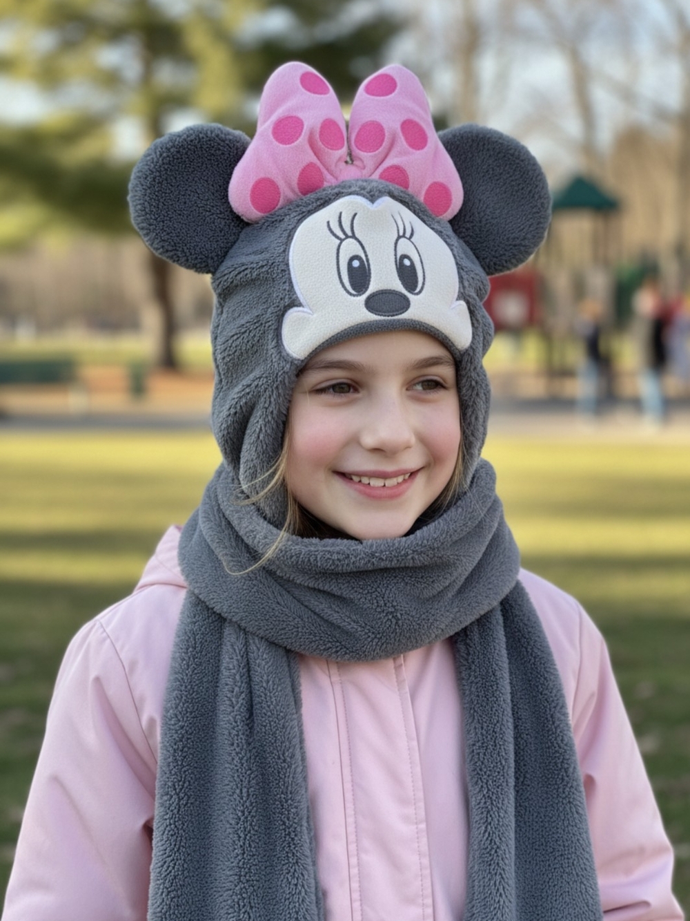 Disney Grey Minnie Mouse Plush Hat with Pink Polka Dot Bow